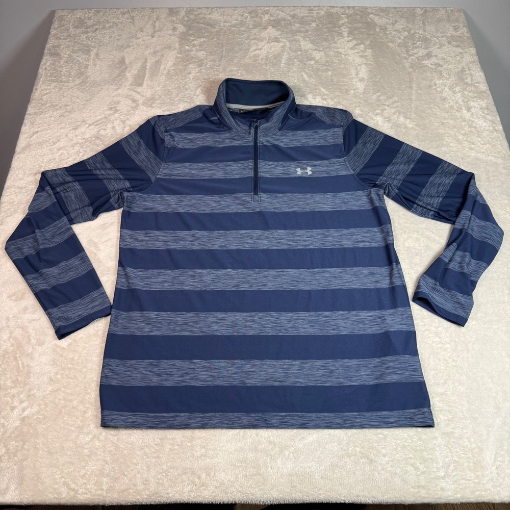 Under‎ Armour Mens Blue Striped 1/4 Zip Pullover Long Sleeve Shirt L Performance